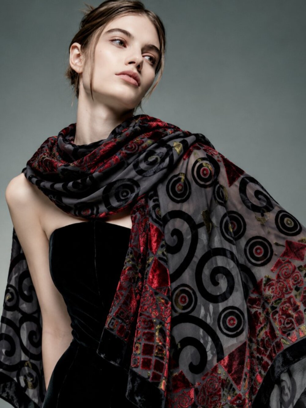 Italian Silk Velvet Burnout Shawl Black Sheer Scarf Abstract Geometric Print
